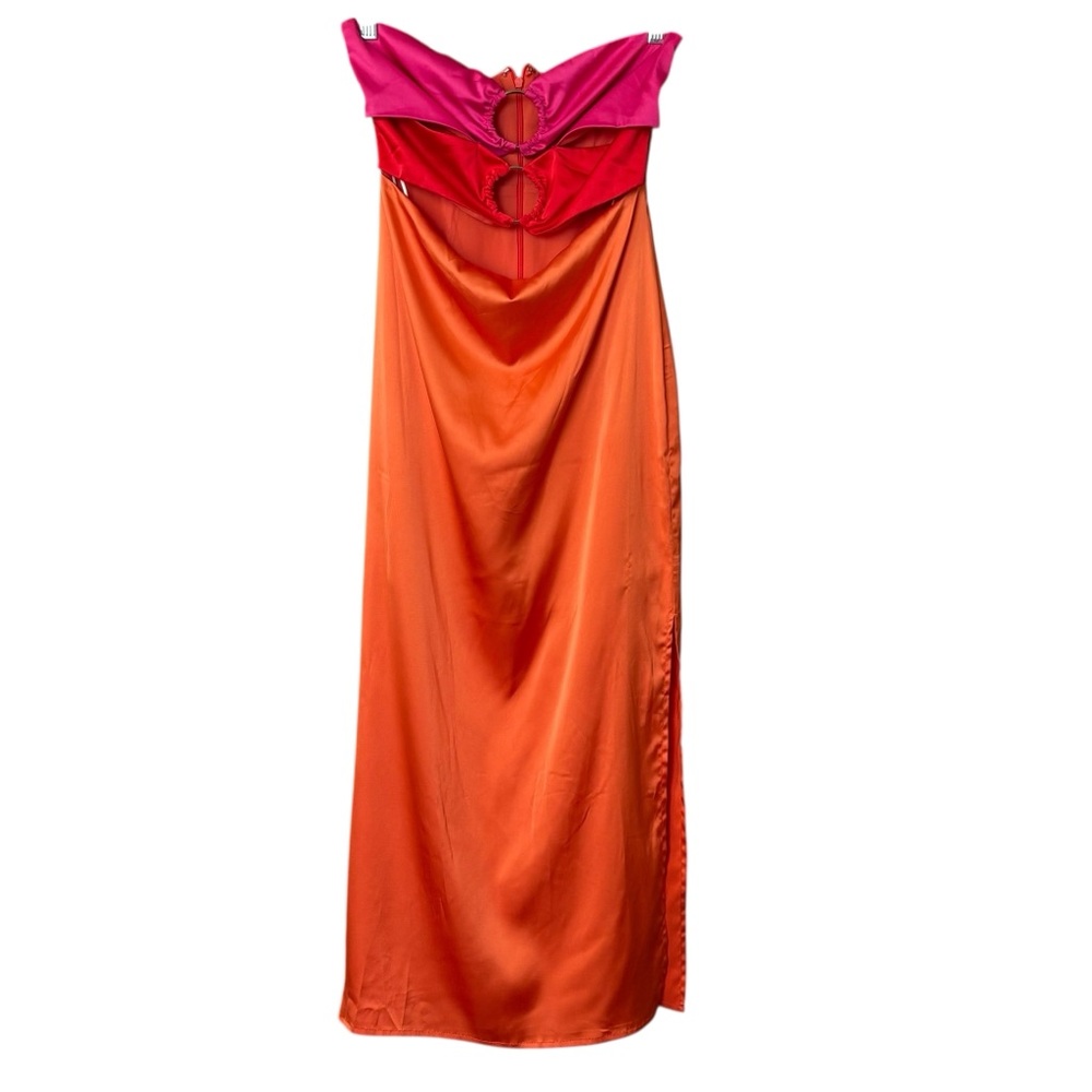 FORE Orange Pink Strapless Cut out Satin Slit Midi‎ Resort Wear Dress Size Small